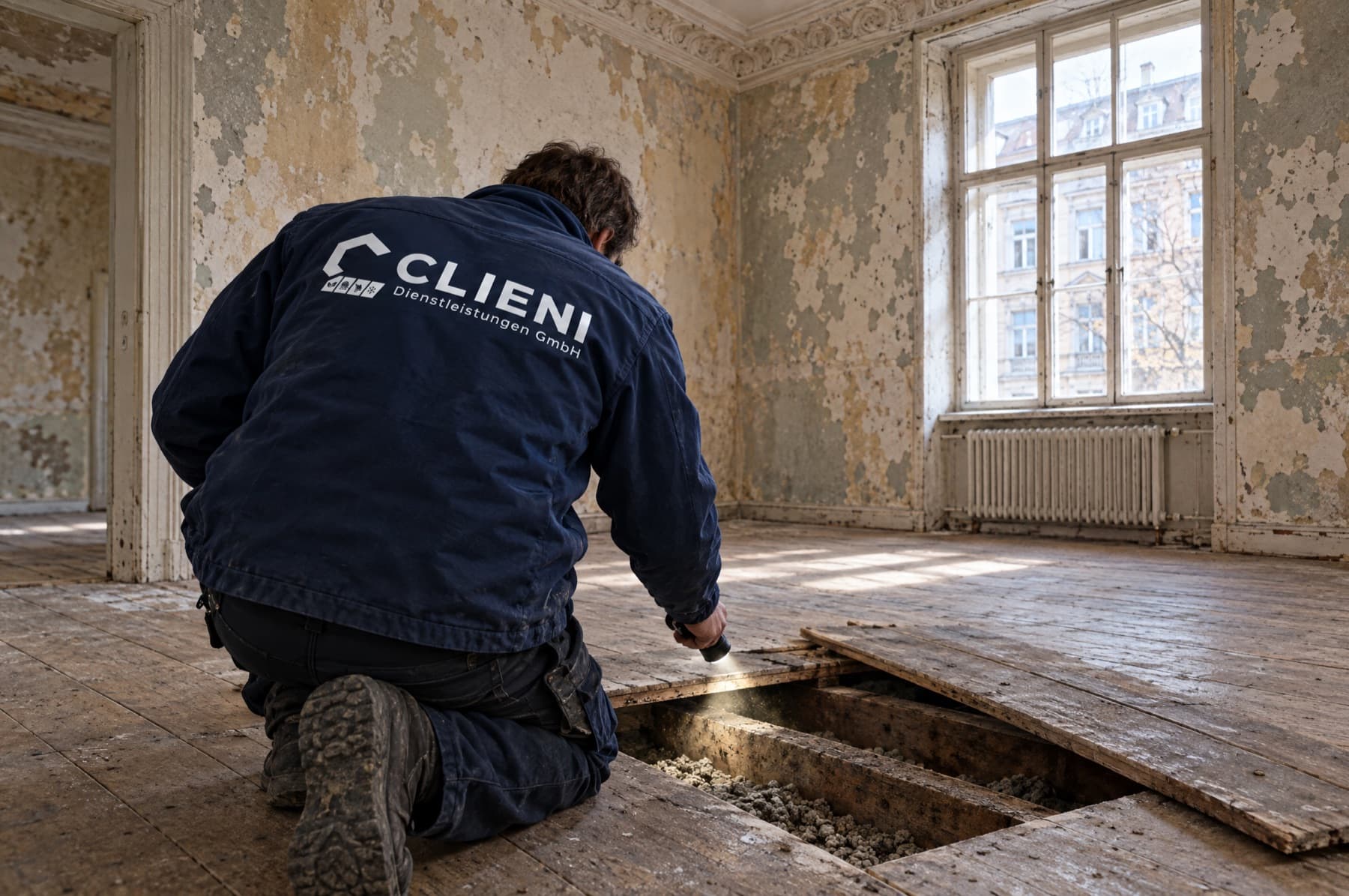Geöffnete Dielung in einem unsanierten Berliner Gründerzeitbau mit Blick auf Holzbalkenlage und Schüttung